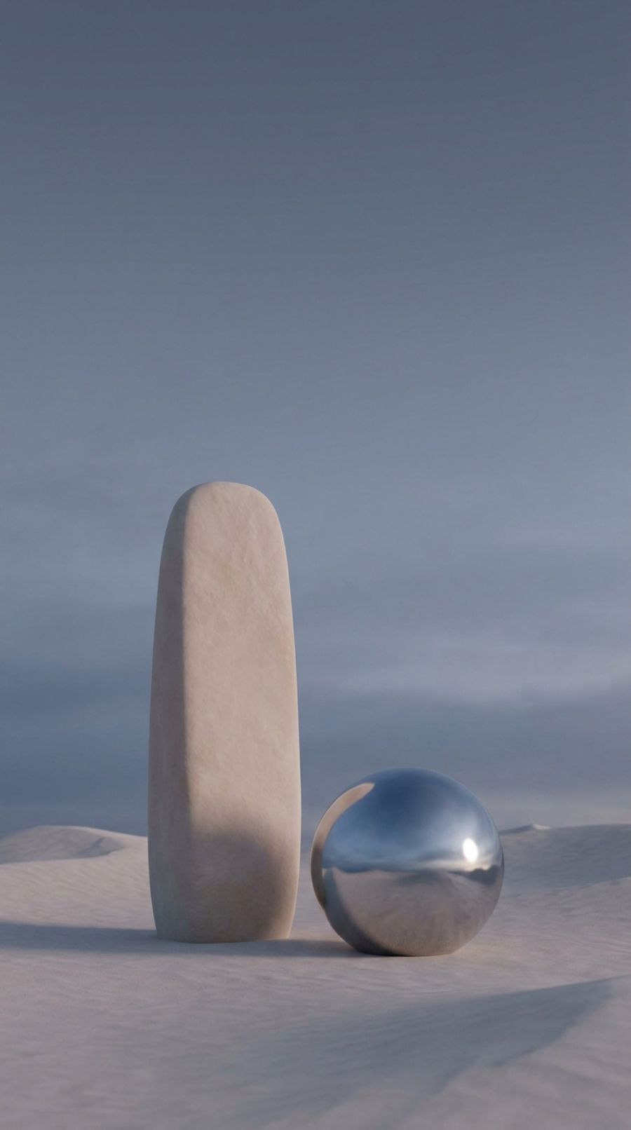 Dusk artwork from The Astrologist app: a stone and a silver sphere on pale sand